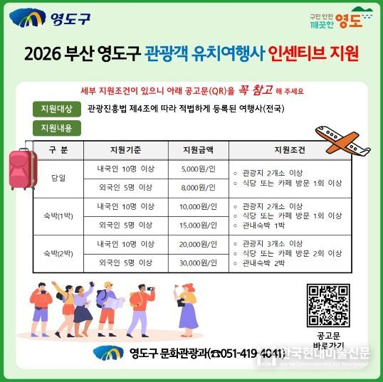 영도구, 단체관광객 유치 여행사 인센티브 지원