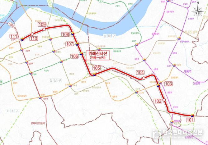 위례신사선 도시철도 노선도(정거장 위치 등은 개략적인 것이며 향후 사업계획 수립, 공사 단계 등에서 조정될 수 있음)