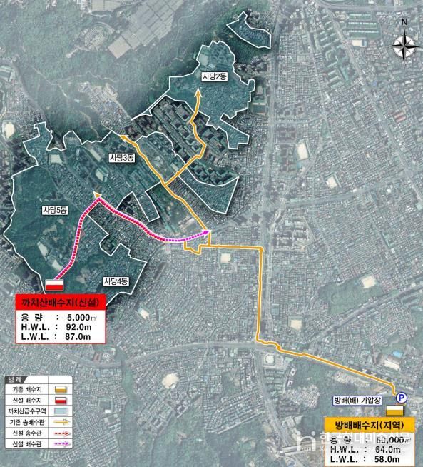 까치산배수지를 통해 수돗물을 공급받는 지역 위치도