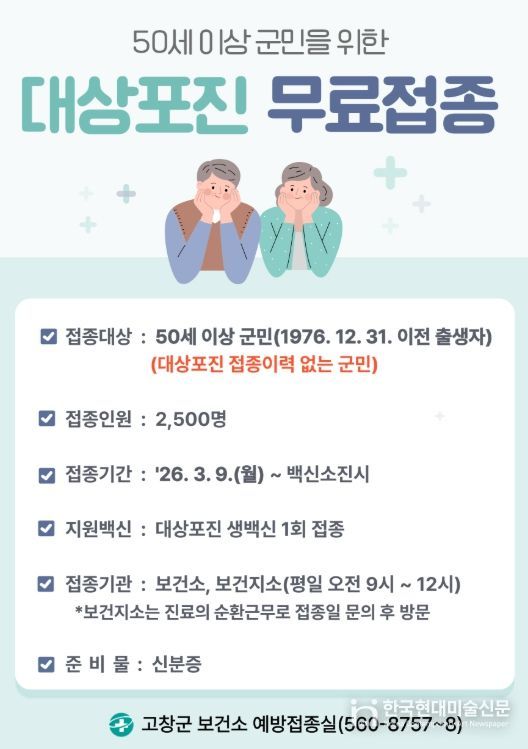 고창군, 50세 이상 대상포진 무료예방접종