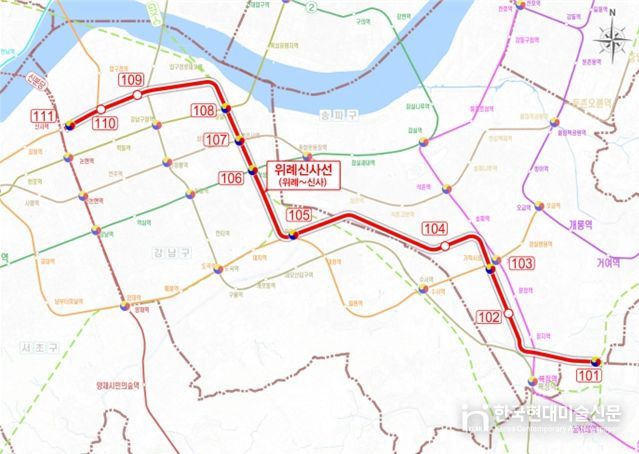 위례신사선 도시철도 노선도 (※ 정거장 위치 등은 개략적인 것이며 향후 사업계획 수립, 공사 단계 등에서 조정될 수 있음)