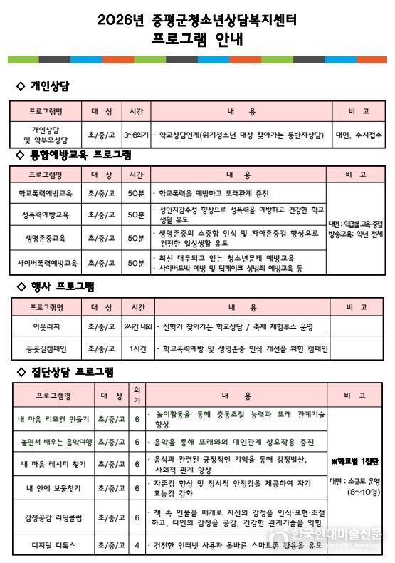2026년 증평군청소년상담복지센터 프로그램