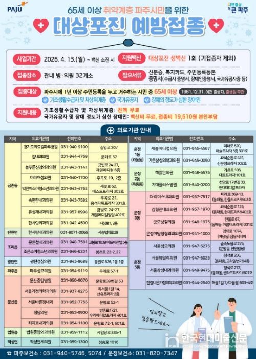 파주시, 65세 이상 취약계층 대상포진 예방접종 확대 실시