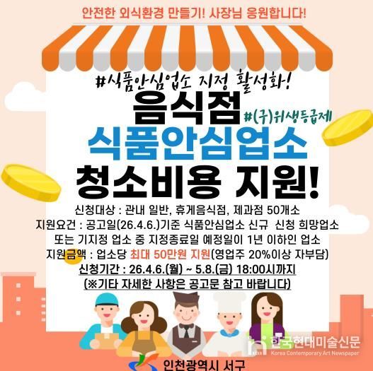 인천 서구, 음식점 식품안심업소 ‘청소비 지원’ 으로 문턱 낮춘다